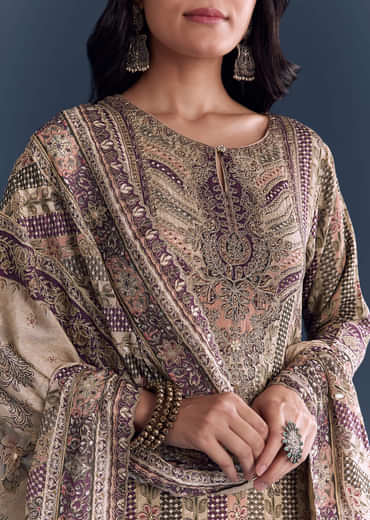 Beige Wine Crepe Kurta Set With Floral Print