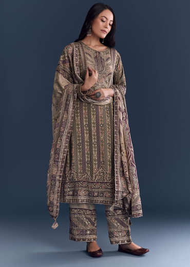 Beige Wine Crepe Kurta Set With Floral Print