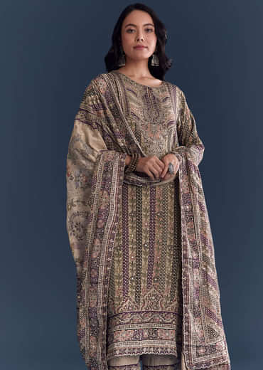 Beige Wine Crepe Kurta Set With Floral Print