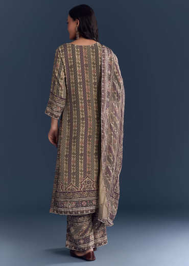 Beige Wine Crepe Kurta Set With Floral Print