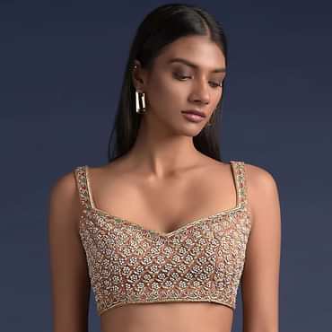 Beige Blouse In Raw Silk Heavily Embroidered With Zardosi And Moti Work