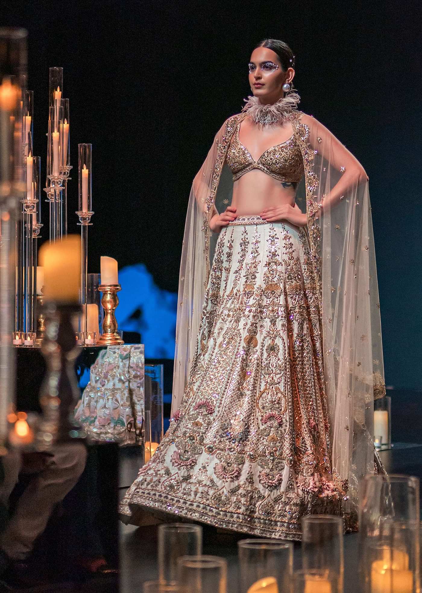 Beige Bridal Lehenga Set in Silk With Organza Flowers And 3D Embroidery