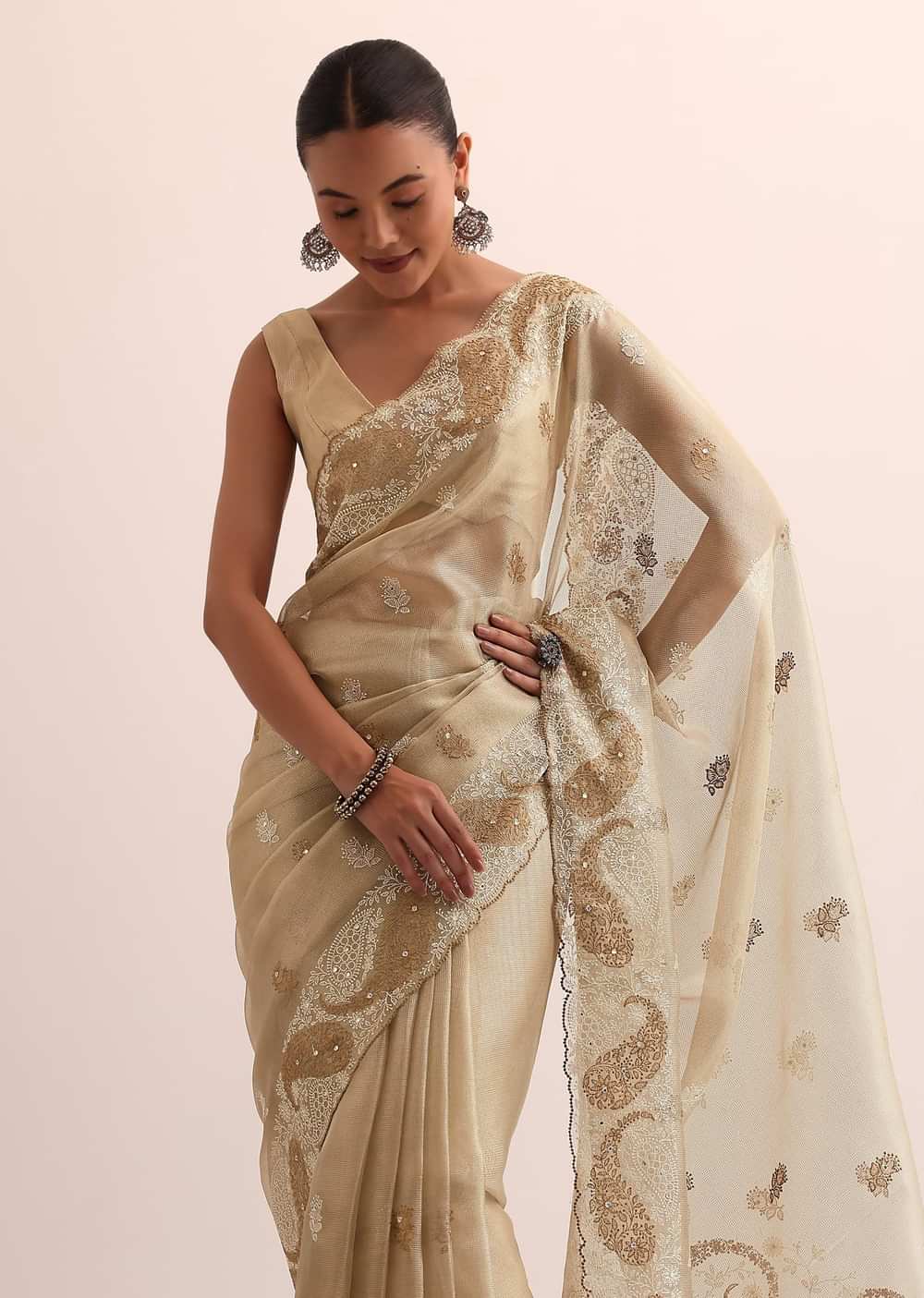 Beige Chanderi Silk Saree With Thread Work And Unstitched Blouse