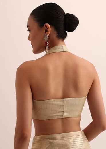 Beige Gold Chanderi Silk Saree With Thread Work And Unstitched Blouse