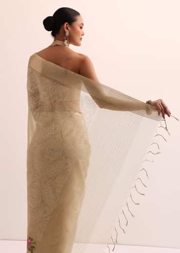 Beige Gold Chanderi Silk Saree With Thread Work And Unstitched Blouse