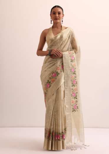 Beige Gold Chanderi Silk Saree With Thread Work And Unstitched Blouse