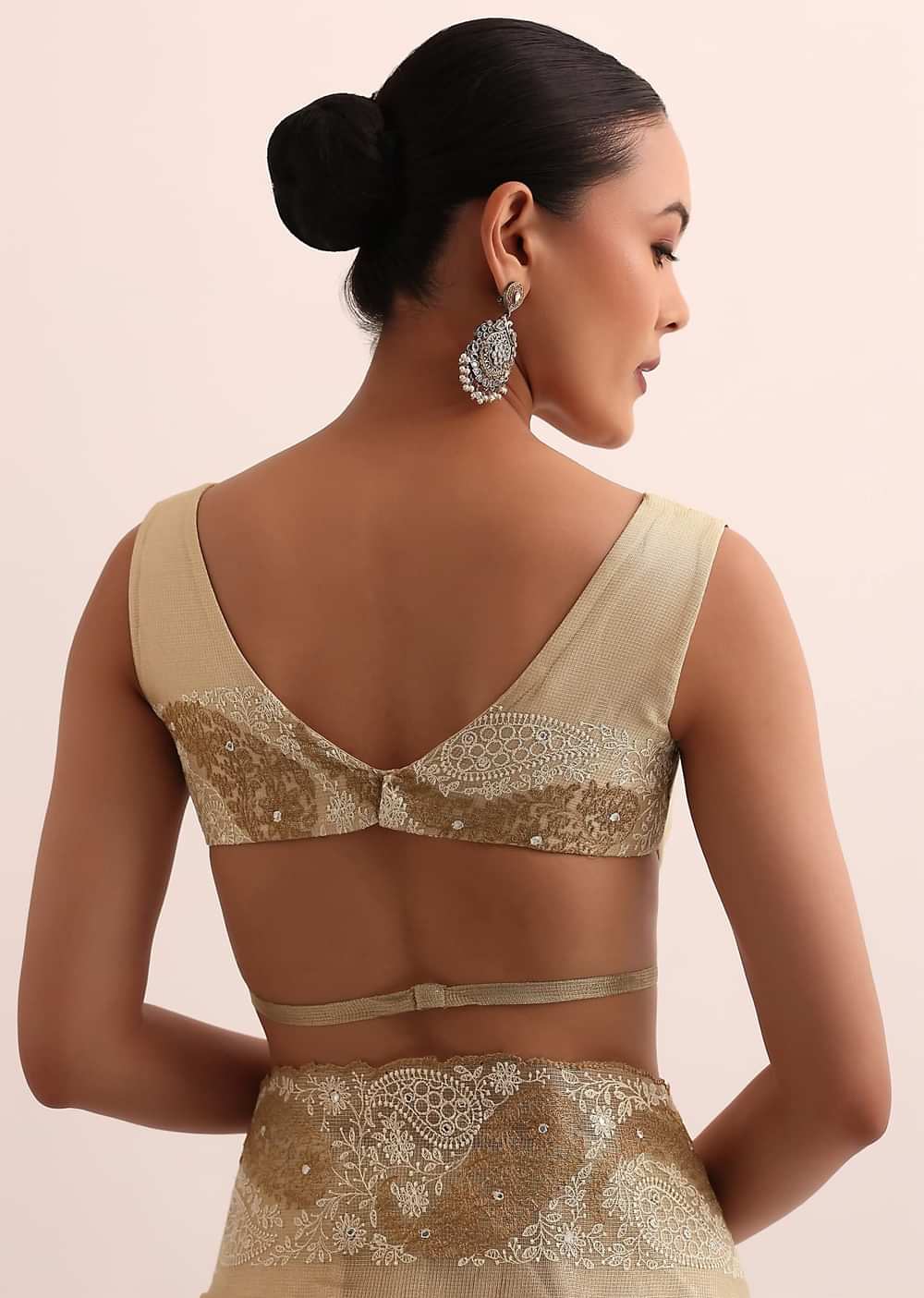 Beige Chanderi Silk Saree With Thread Work And Unstitched Blouse