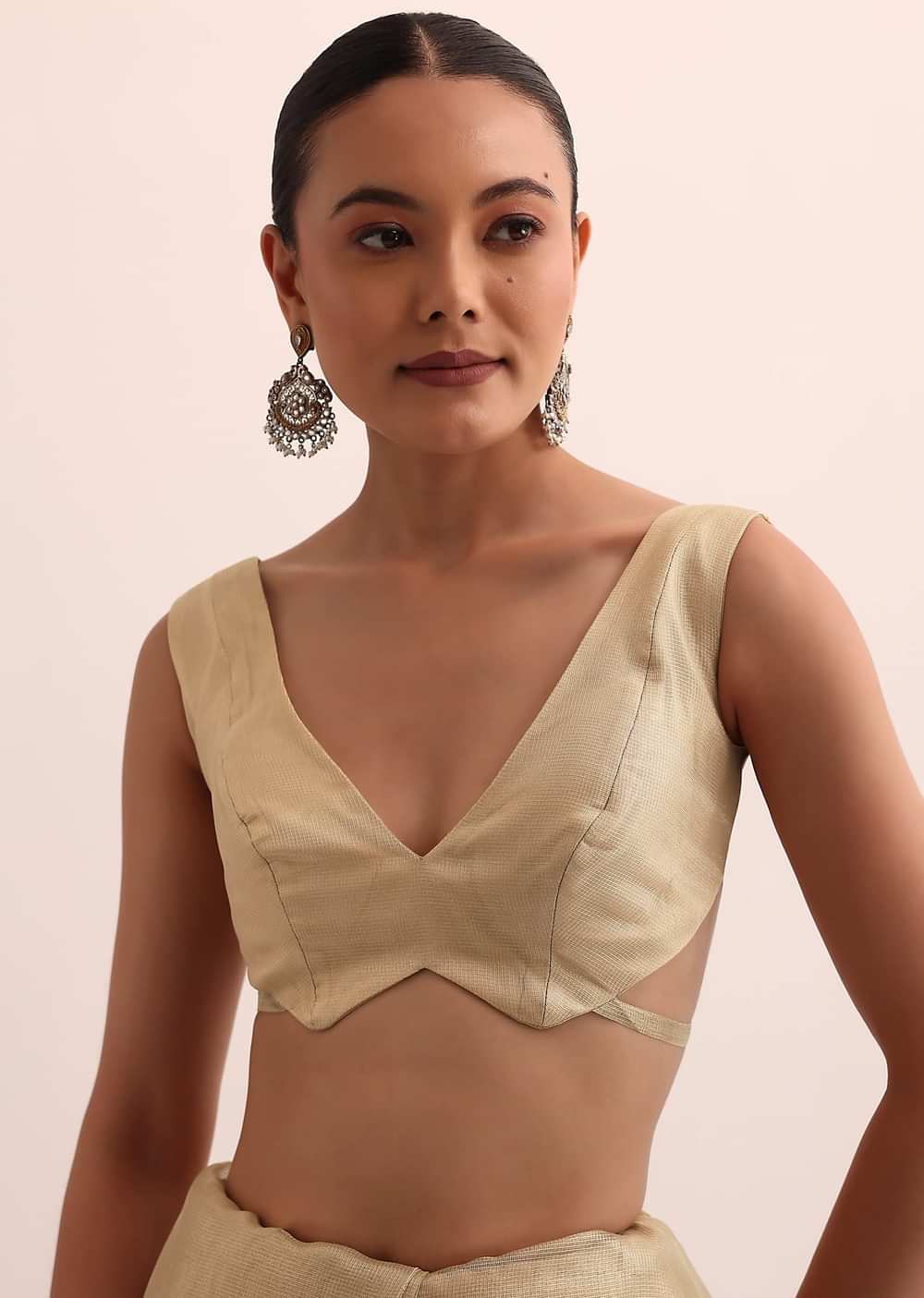 Beige Chanderi Silk Saree With Thread Work And Unstitched Blouse