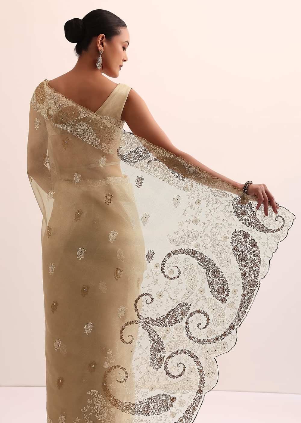 Beige Chanderi Silk Saree With Thread Work And Unstitched Blouse