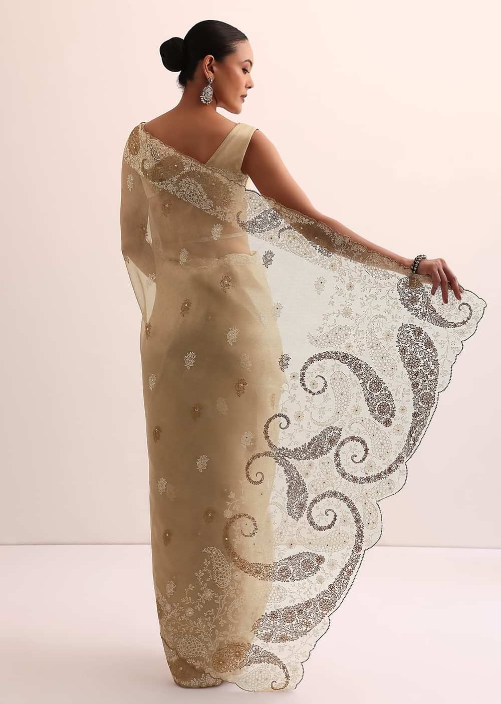 Beige Chanderi Silk Saree With Thread Work And Unstitched Blouse