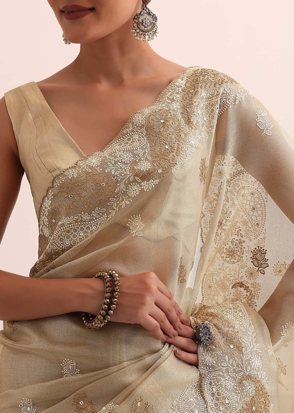 Beige Chanderi Silk Saree With Thread Work And Unstitched Blouse