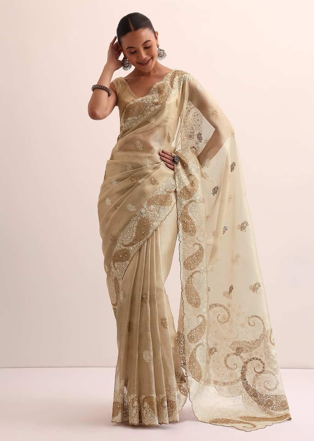 Beige Chanderi Silk Saree With Thread Work And Unstitched Blouse