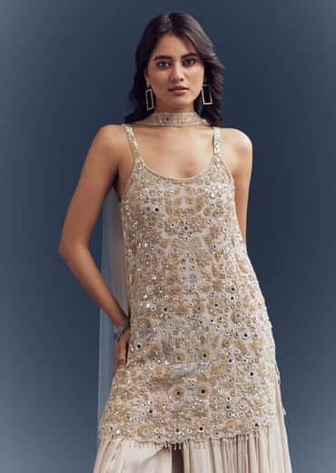 Beige Chinon Palazzo Suit With Intricate Hand Embroidery