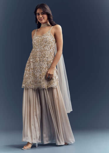 Beige Chinon Palazzo Suit With Intricate Hand Embroidery