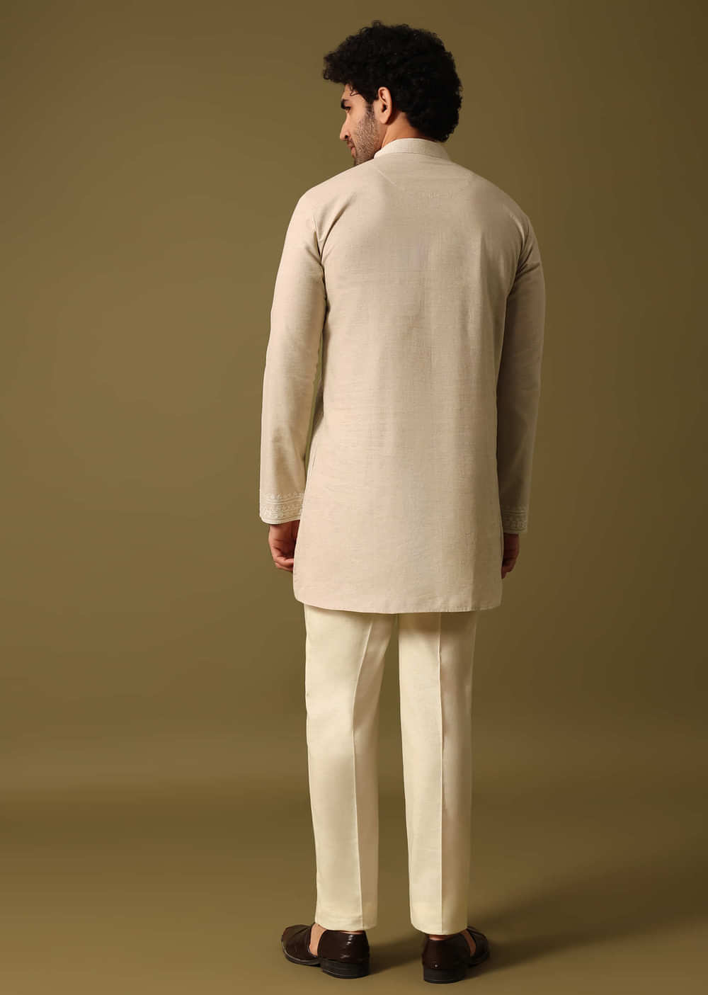 Beige Cotton Kurta Set With Resham Work For Men
