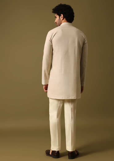 Beige Cotton Kurta Set With Resham Work For Men