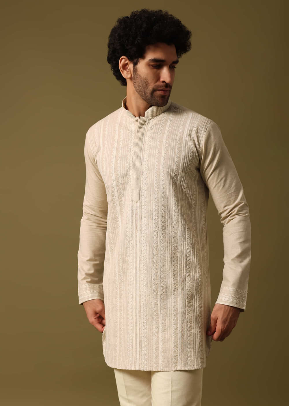Beige Cotton Kurta Set With Resham Work For Men