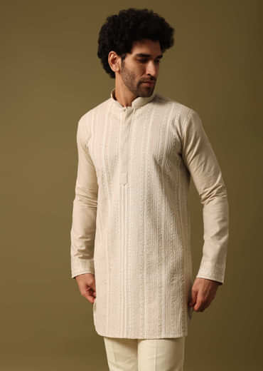 Beige Cotton Kurta Set With Resham Work For Men