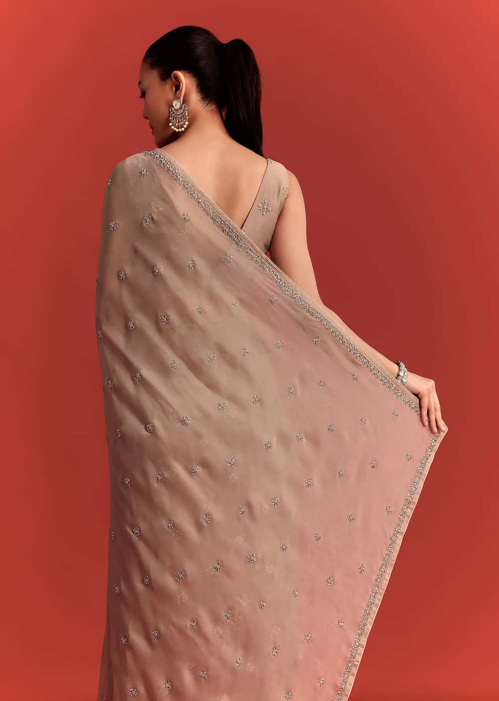 Beige Crepe Silk Saree With Cutdana Work