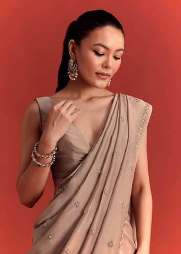 Beige Crepe Silk Saree With Cutdana Work