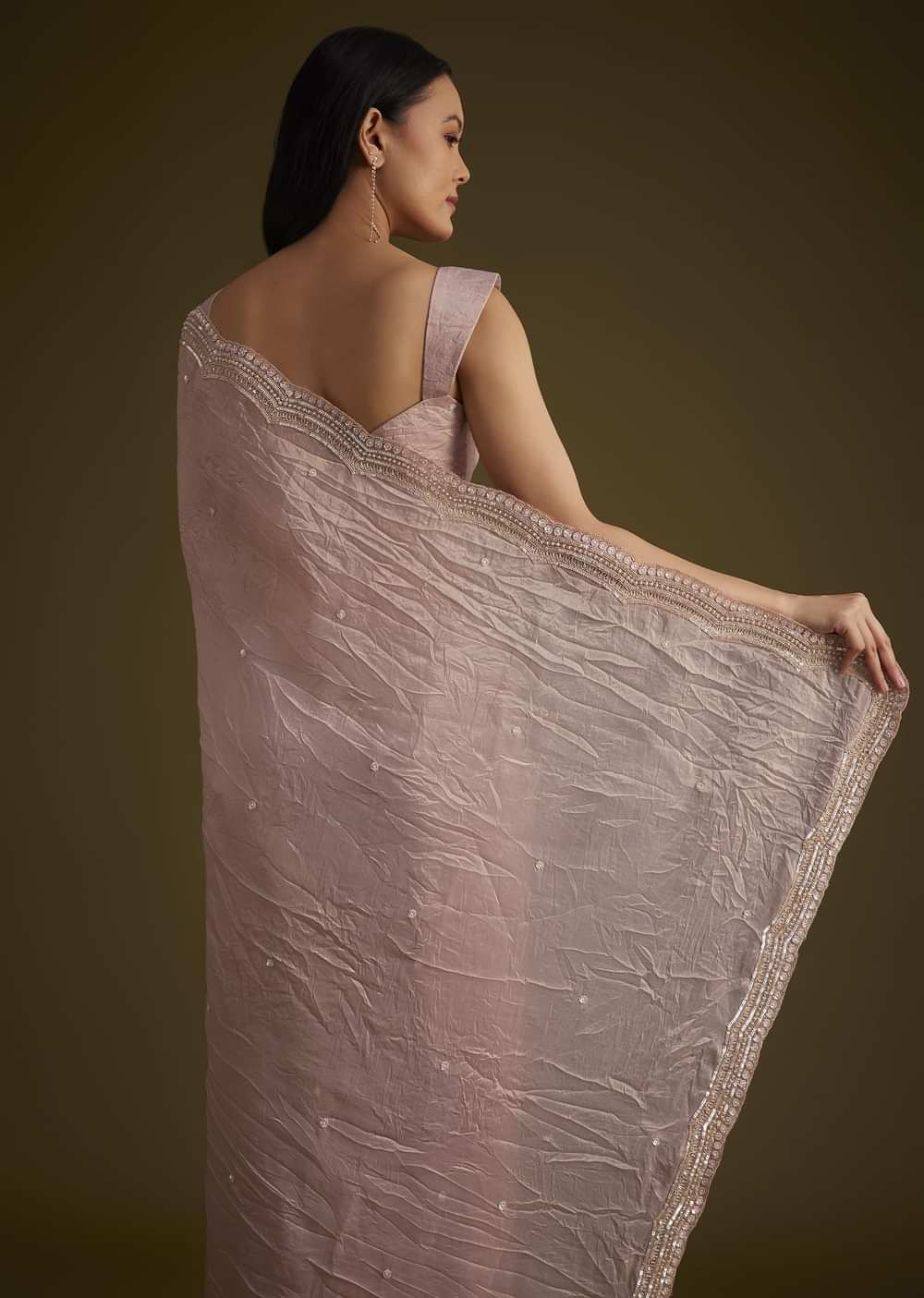 Beige Crushed Tissue Saree With Embroidered Border