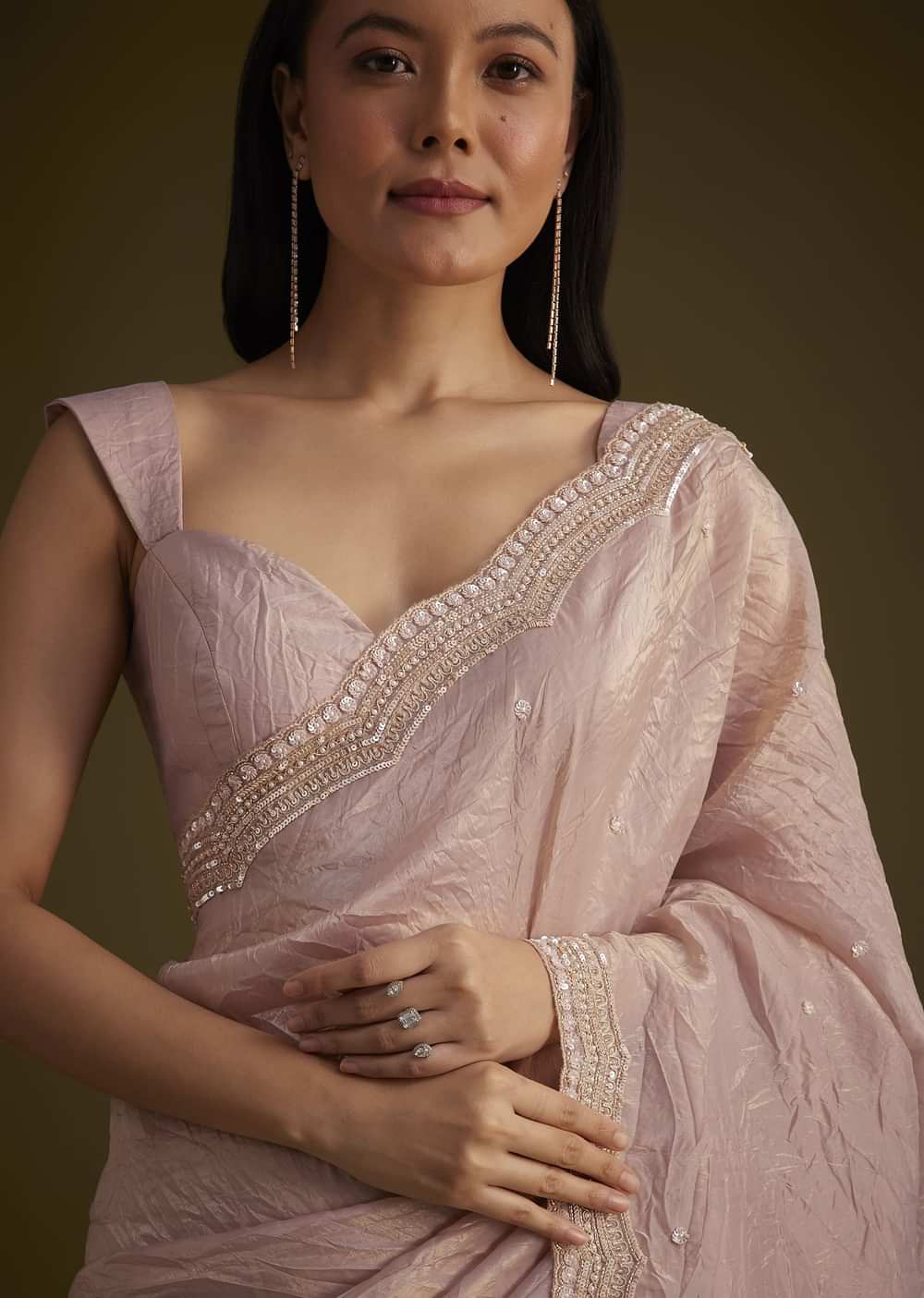 Beige Crushed Tissue Saree With Embroidered Border