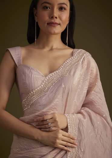 Beige Crushed Tissue Saree With Embroidered Border