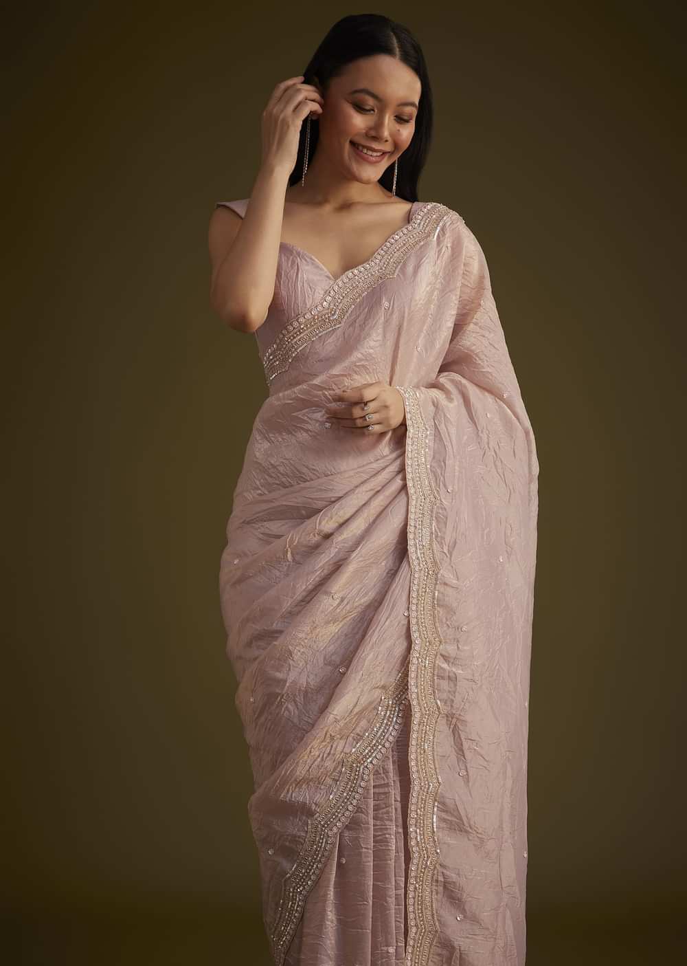 Beige Crushed Tissue Saree With Embroidered Border