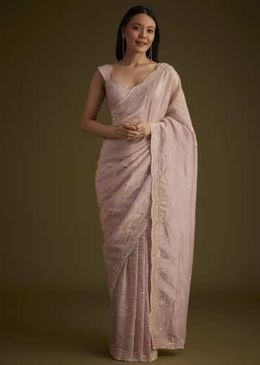 Beige Crushed Tissue Saree With Embroidered Border