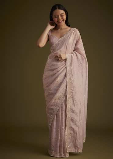 Beige Crushed Tissue Saree With Embroidered Border