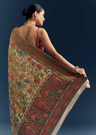 Beige Dola Silk Woven Saree With Nature Motif Embroidery