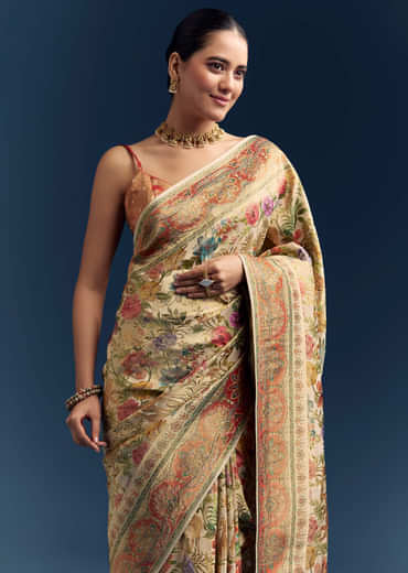 Beige Dola Silk Woven Saree With Nature Motif Embroidery