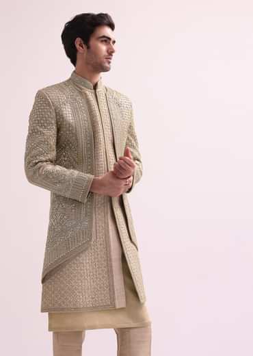 Beige Double Layered Raw Silk Sherwani And Kurta Set