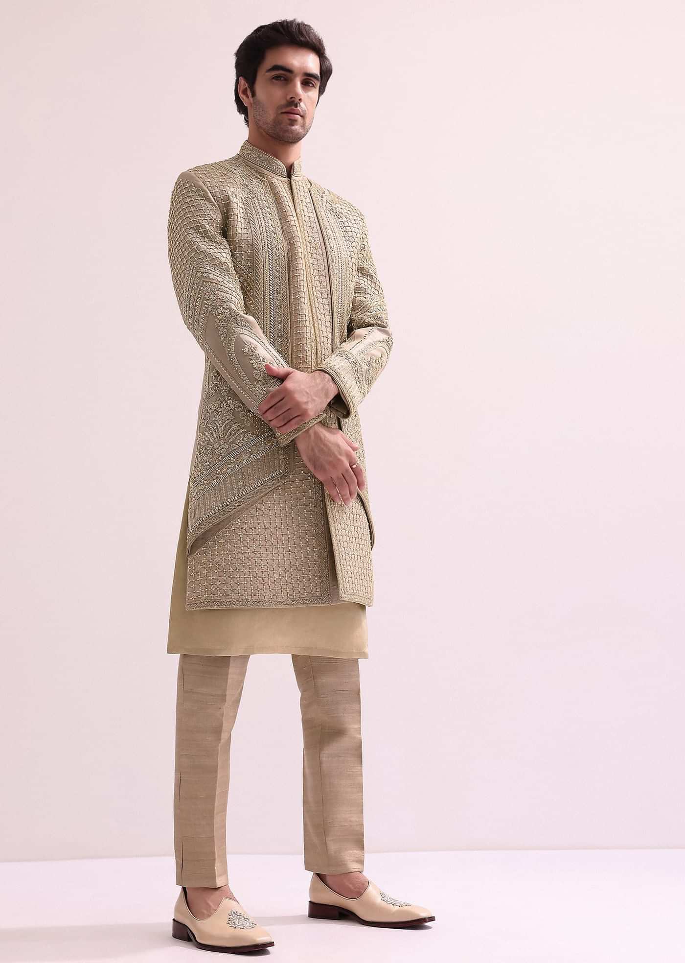 Beige Double Layered Raw Silk Sherwani And Kurta Set