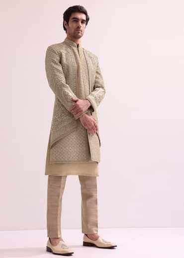 Beige Double Layered Raw Silk Sherwani And Kurta Set