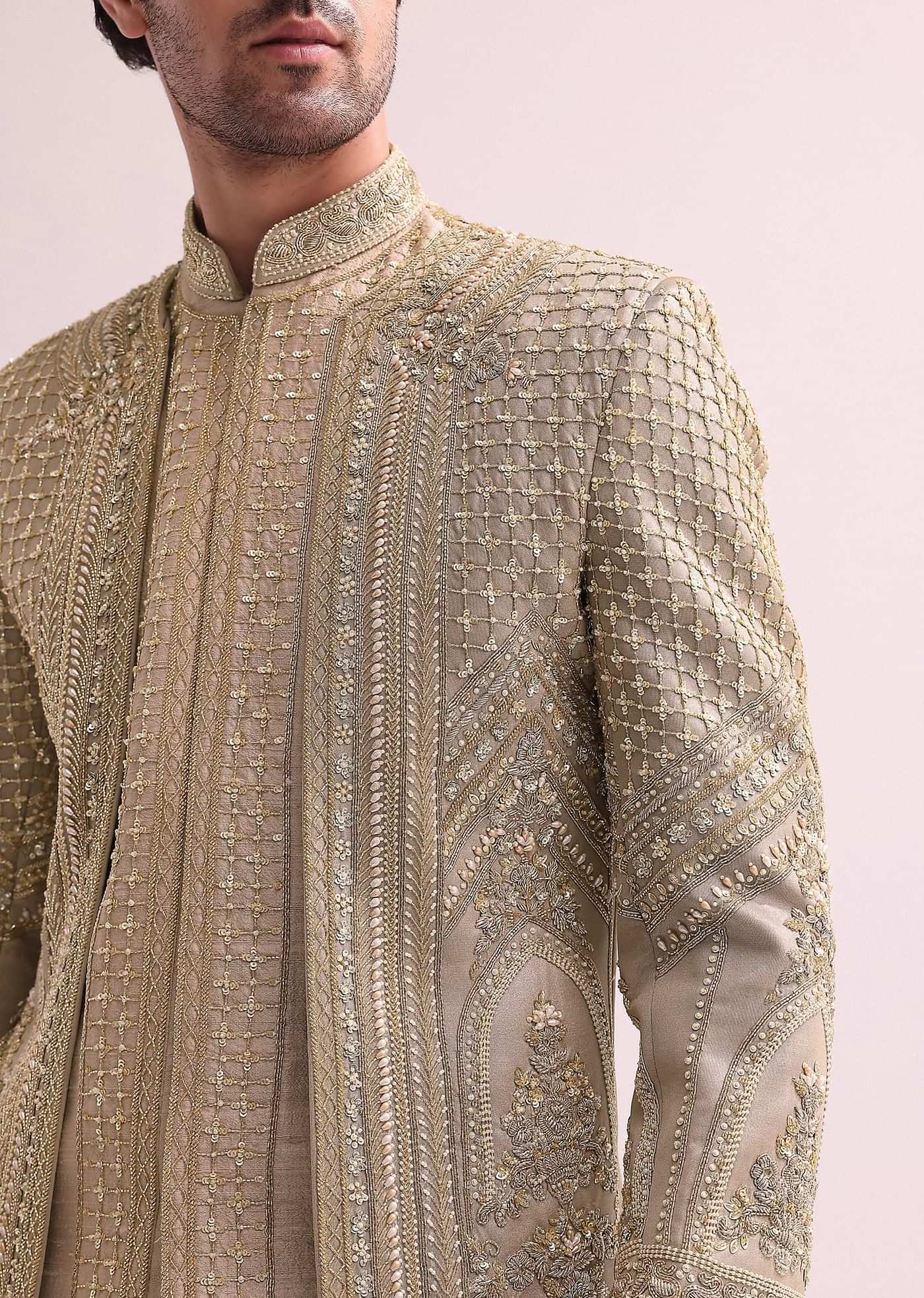 Beige Double Layered Raw Silk Sherwani And Kurta Set