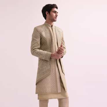 Beige Double Layered Raw Silk Sherwani And Kurta Set