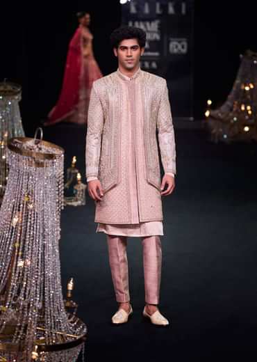 Beige Double Layered Raw Silk Sherwani And Kurta Set