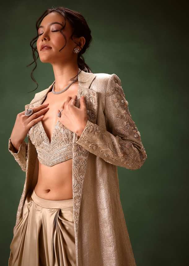 Beige Embroidered Brocade Corset With Long Blazer And Dhoti Pant