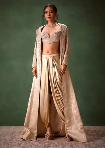 Beige Embroidered Brocade Corset With Long Blazer And Dhoti Pant