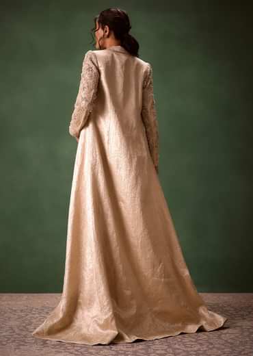 Beige Embroidered Brocade Corset With Long Blazer And Dhoti Pant