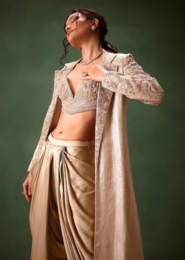 Beige Embroidered Brocade Corset With Long Blazer And Dhoti Pant