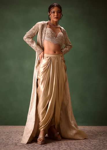 Beige Embroidered Brocade Corset With Long Blazer And Dhoti Pant