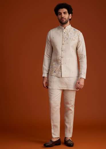 Beige Embroidered Kurta Jacket Set