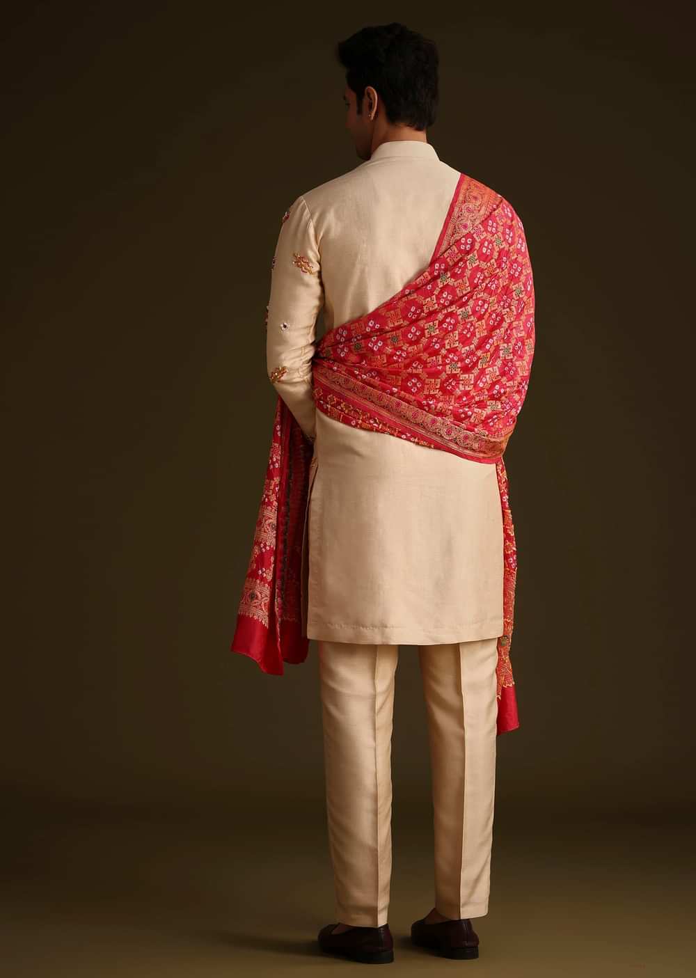Beige Embroidered Kurta Set With Red Dupatta
