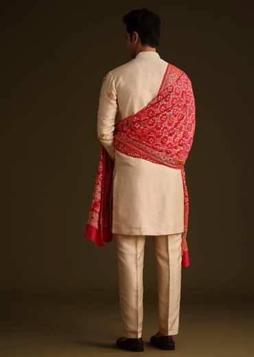 Beige Embroidered Kurta Set With Red Dupatta