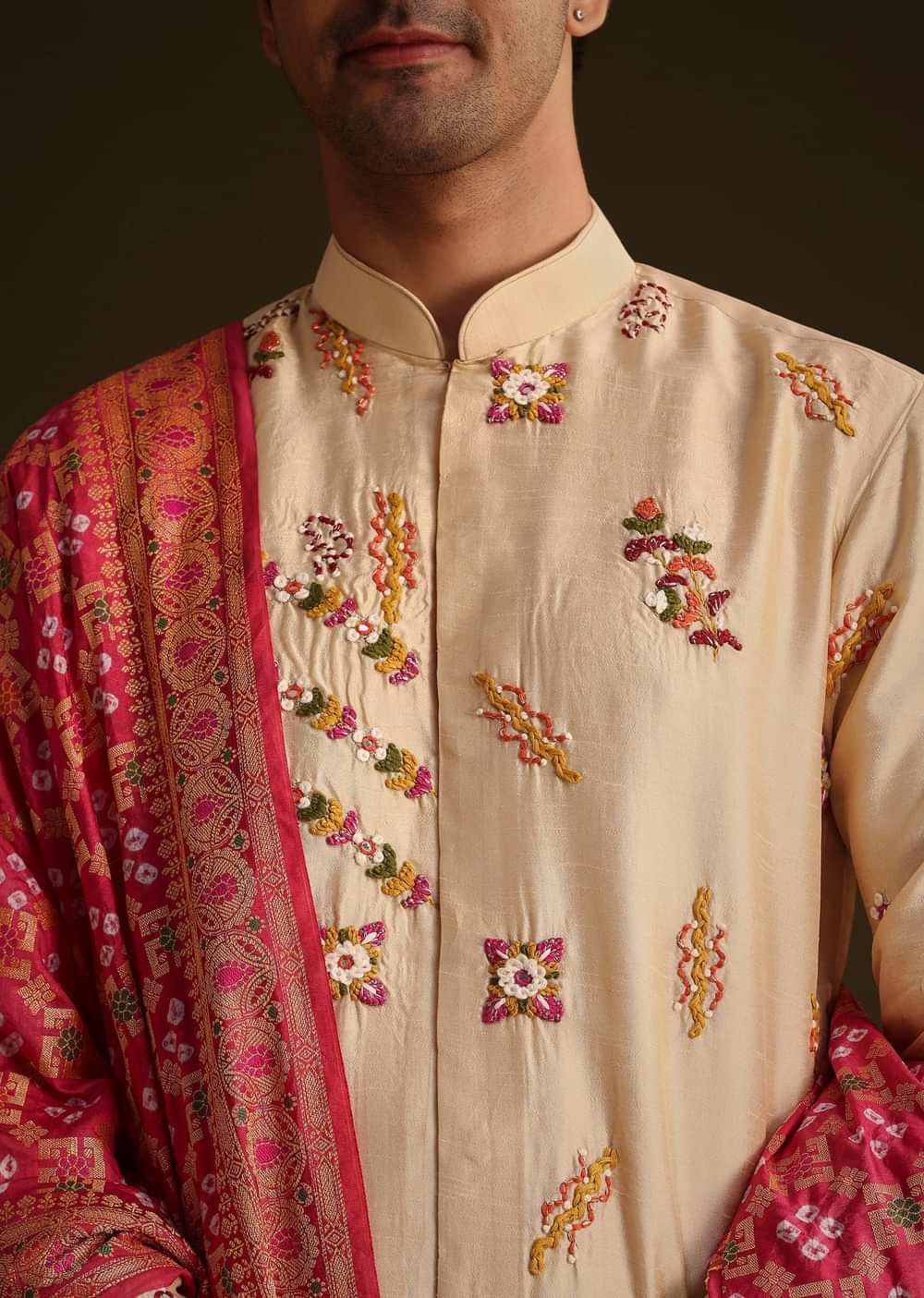 Beige Embroidered Kurta Set With Red Dupatta