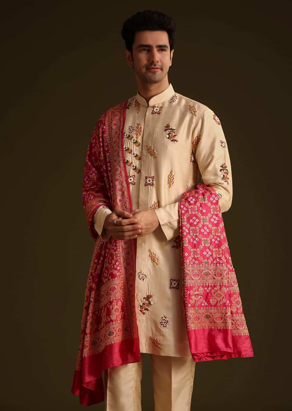 Beige Embroidered Kurta Set With Red Dupatta