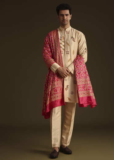 Beige Embroidered Kurta Set With Red Dupatta