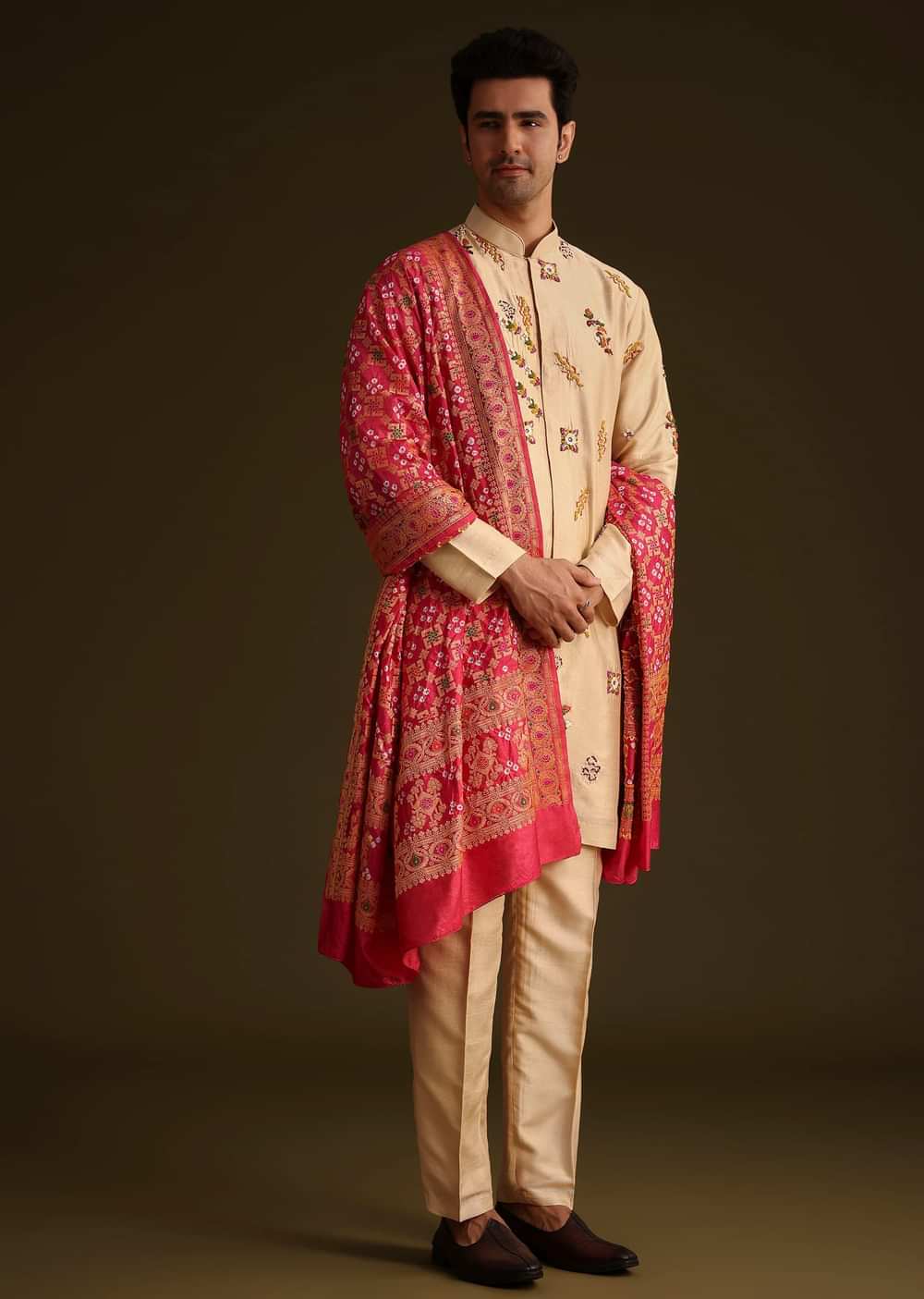 Beige Embroidered Kurta Set With Red Dupatta